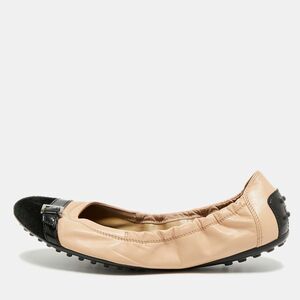 Tod's Bow Scrunch Size 38.5 Beige/black Leather And Suede Ballet Flats